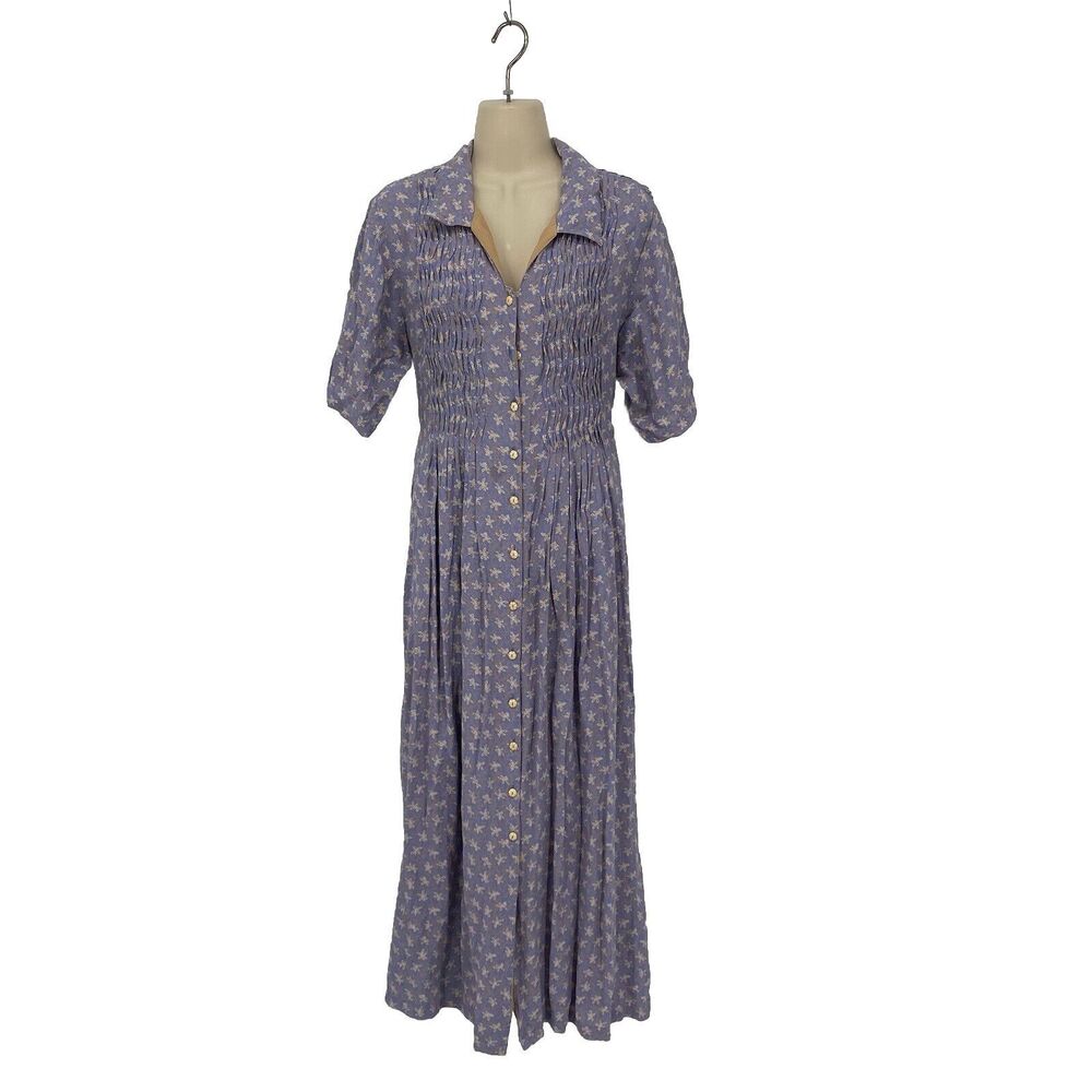 Vtg April Cornell Long Cornflower Blue Cottagecore Dress With Pintuck Pleats L